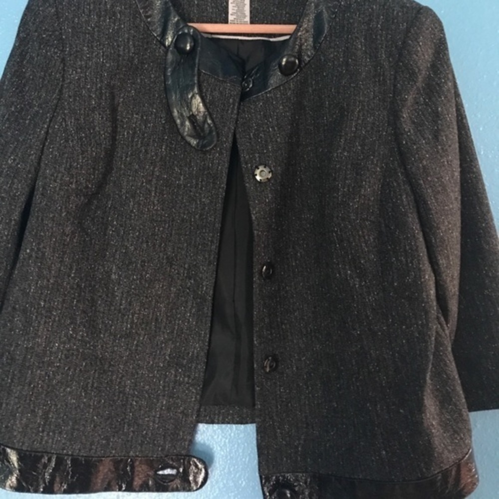 Worthington L retro grey tweed black crinkled faux black leather crop jacket - Picture 8 of 10
